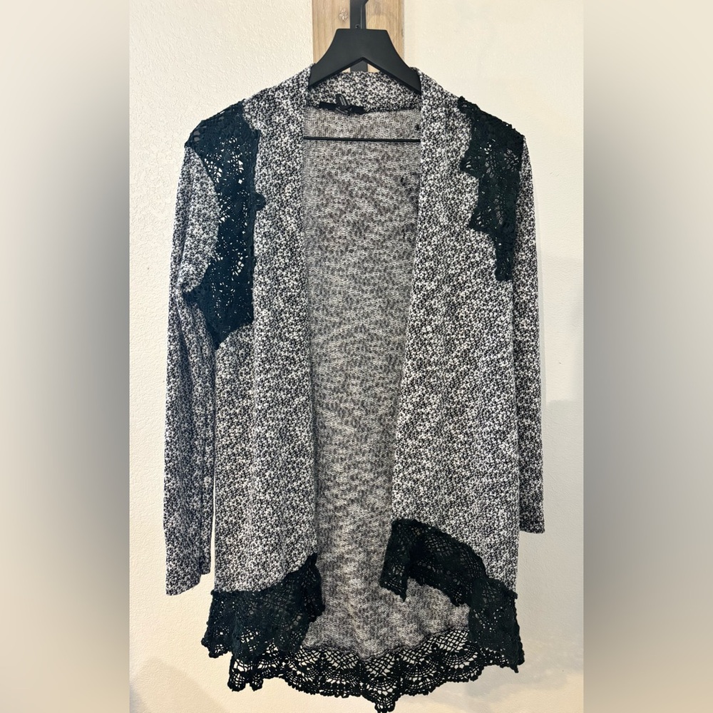 Buckle Black and Gray Cardigan with Lace Details